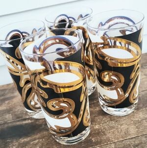 Vintage MCM Pasinski Baroque 22K Gold & Black Glasses Set Of 4